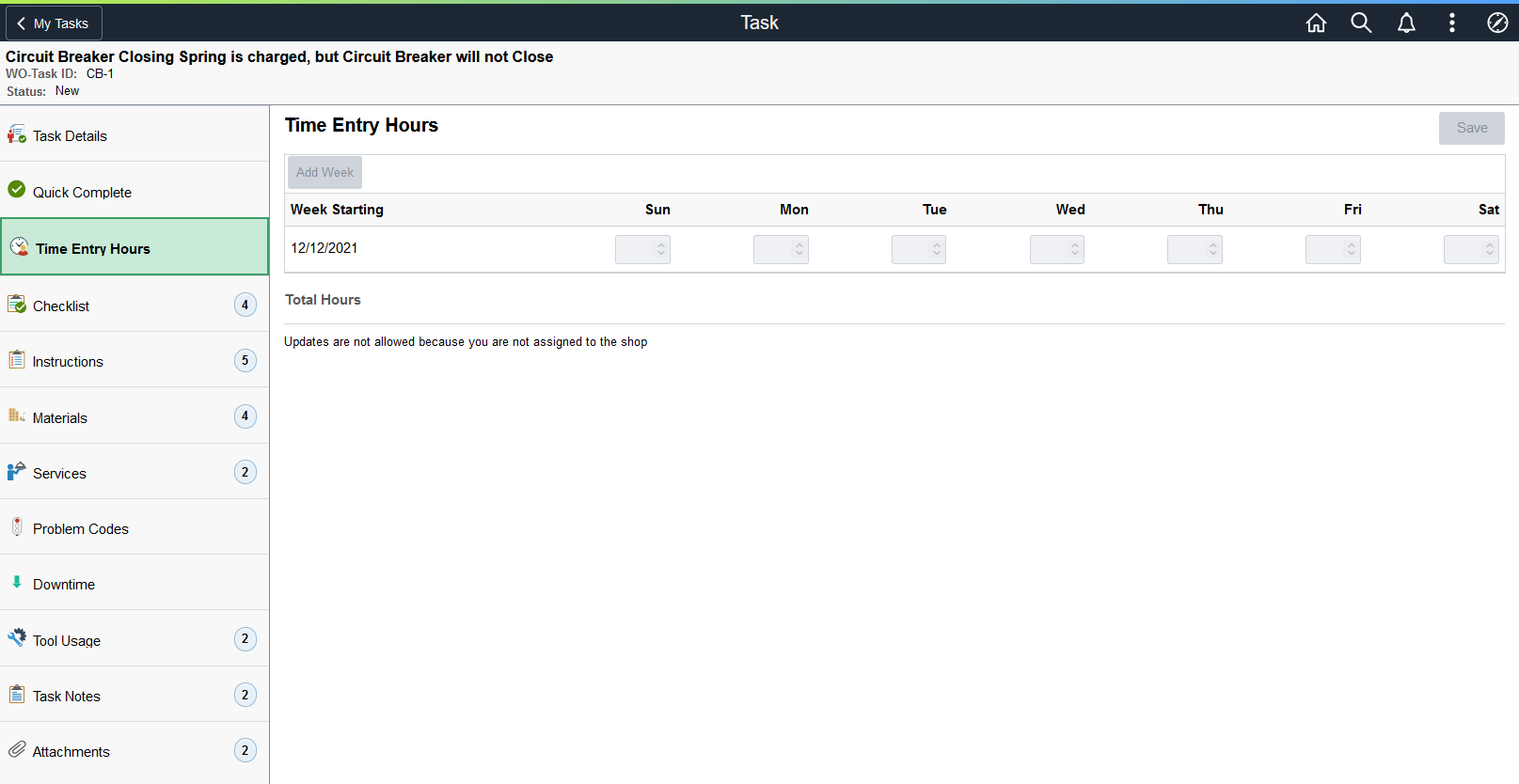 Time Entry Hours page