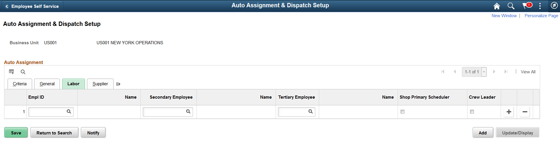 &Auto Assignment & Dispatch Setup - Labor page