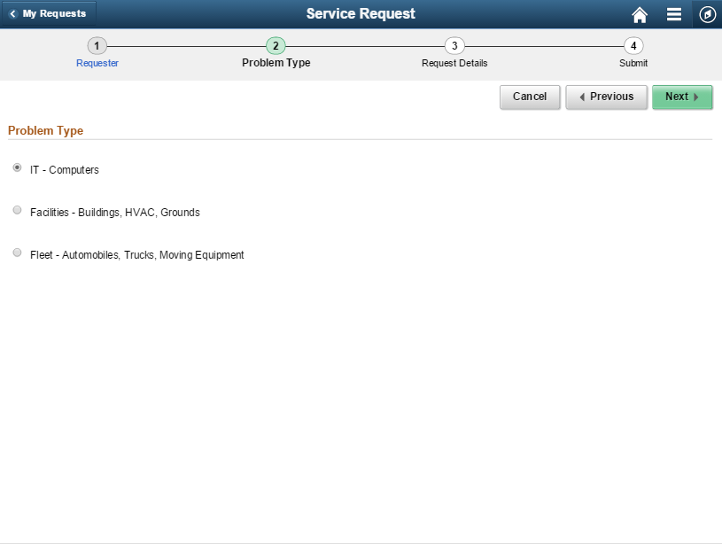 Service Request - Problem Type Page - Tablet