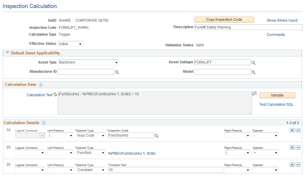 Inspection Calculations page Trigger Calculation Type