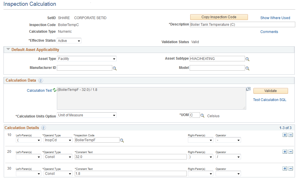 Inspection Calculations page Numeric Calculation Type