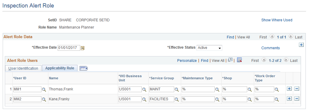 Inspection Alert Role page Applicability Rule tab