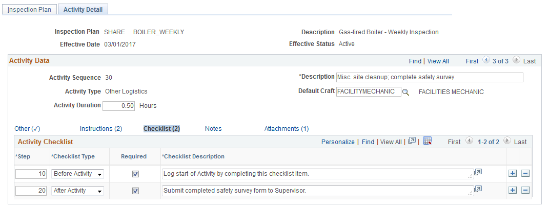 Work Order Inspection Plans Other Logistics Activity Detail Page