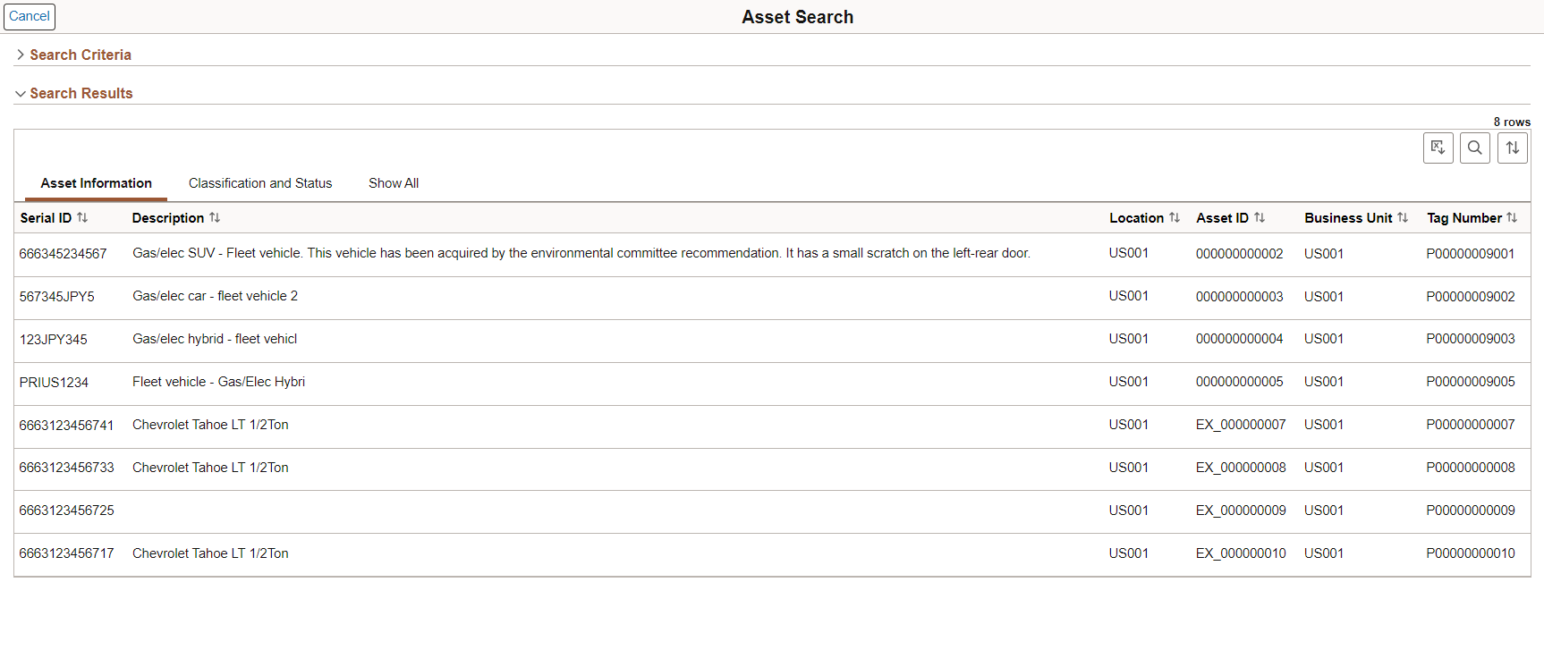 Asset Search Page