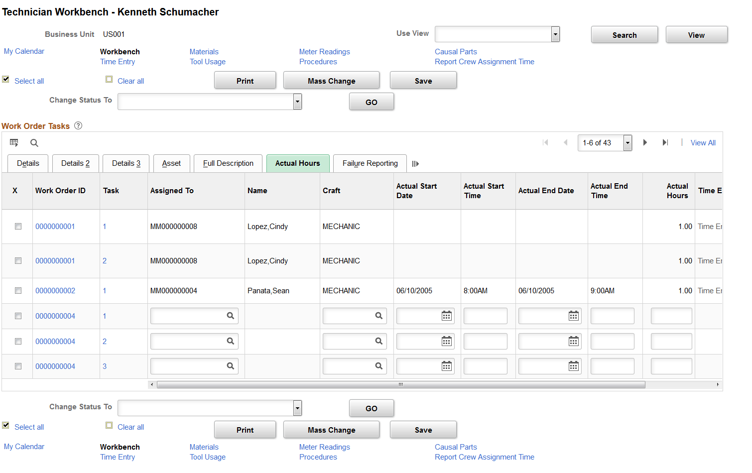 Technician Workbench Actual Hours Page