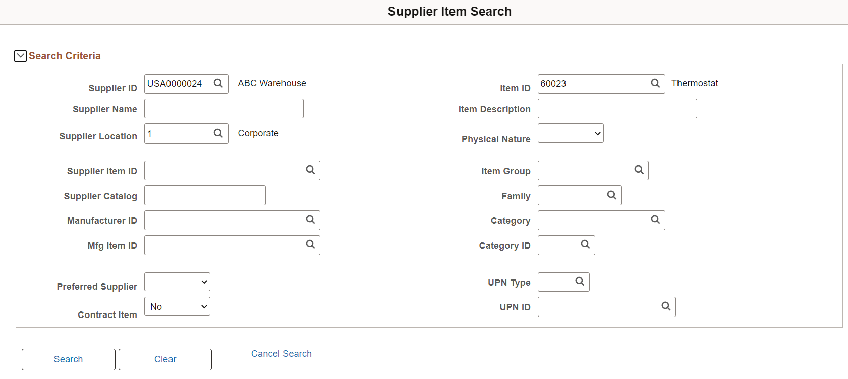 Supplier Item Search page (1 of 2)
