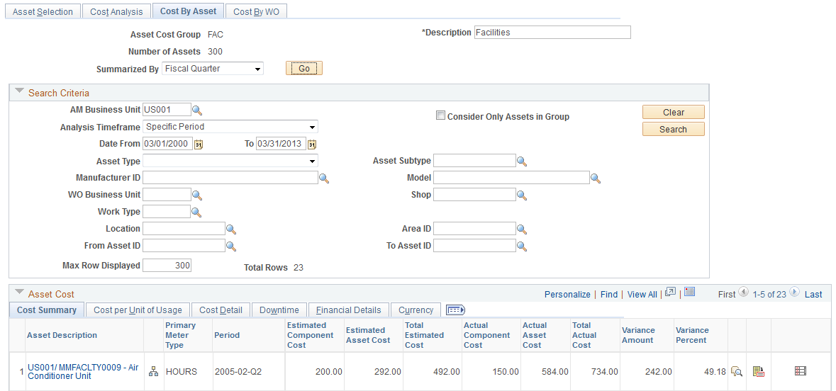 Select Asset Cost by Specified Dimension Row to access the Cost By Asset page