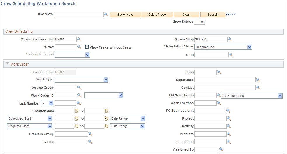 Crew Scheduling Workbench Search page (1 of 2)