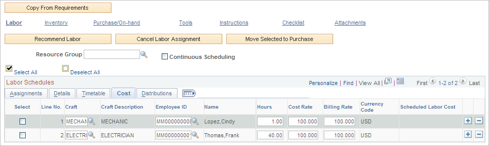 Labor Schedules - Cost tab