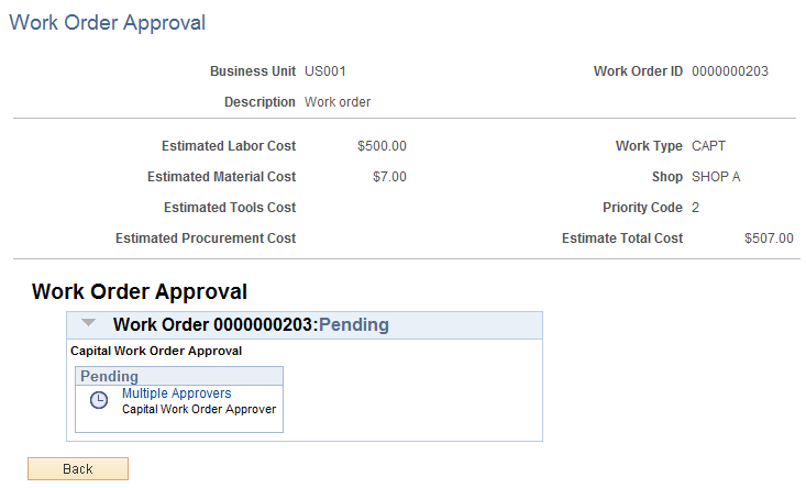 Review Approval History - Work Order Approval page