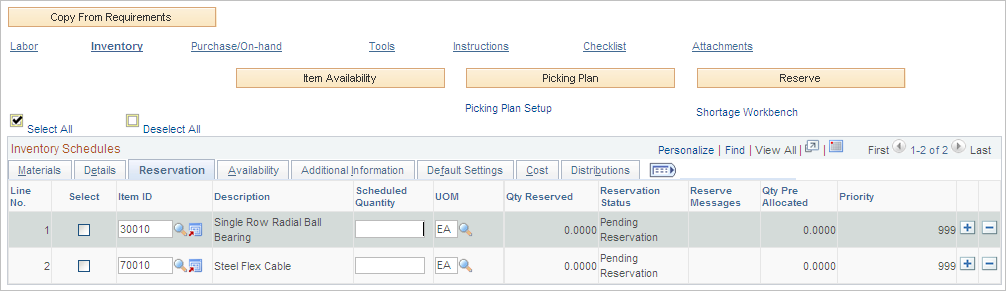 Inventory Schedules Reservation tab on Schedules page