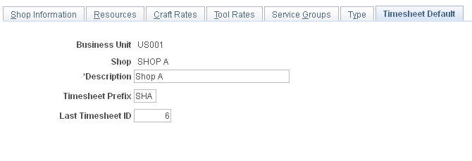 Define Shop - Timesheet Defaults page