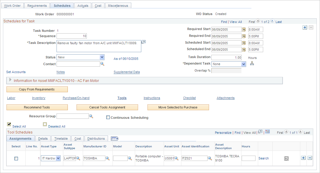 Schedules page - Tool Schedules grid