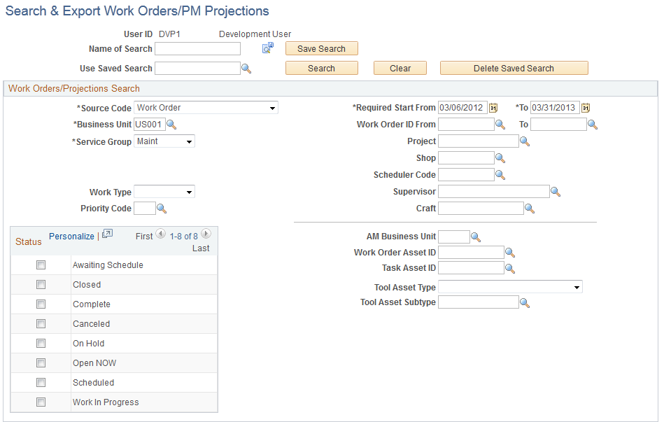 Search and Export Work Orders/PM Projections page