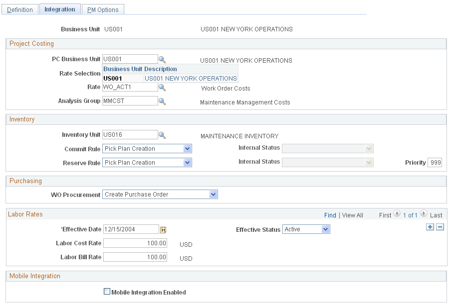 Work Order - Integration page