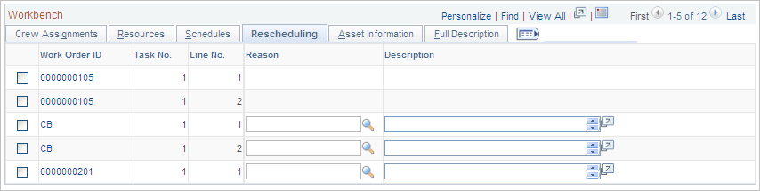 Crew Scheduling Workbench page: Rescheduling tab