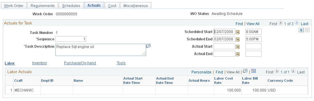 Work Order - Actuals page