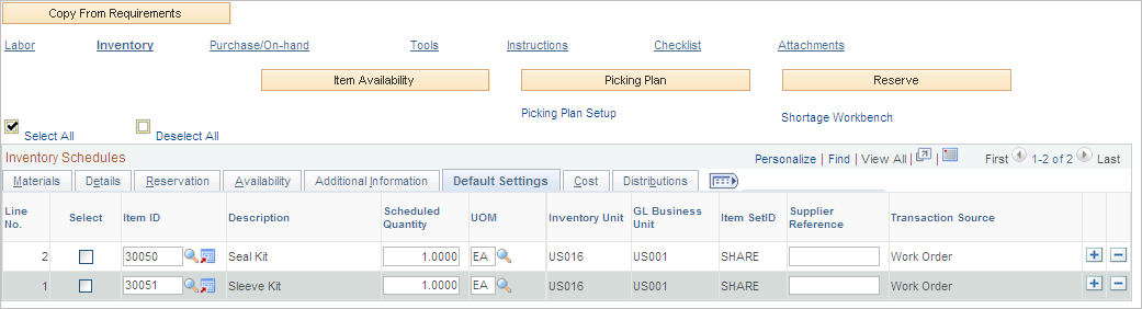 Inventory Schedules Default Settings tab on Schedules page