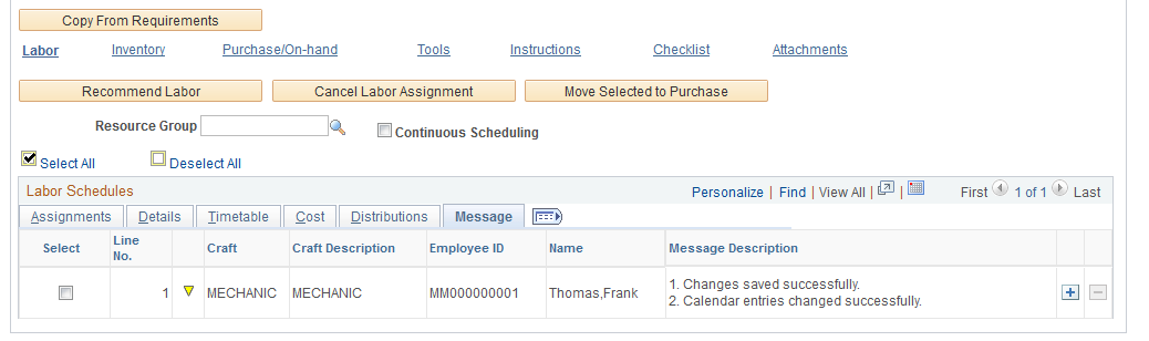 Labor Schedules - Message tab