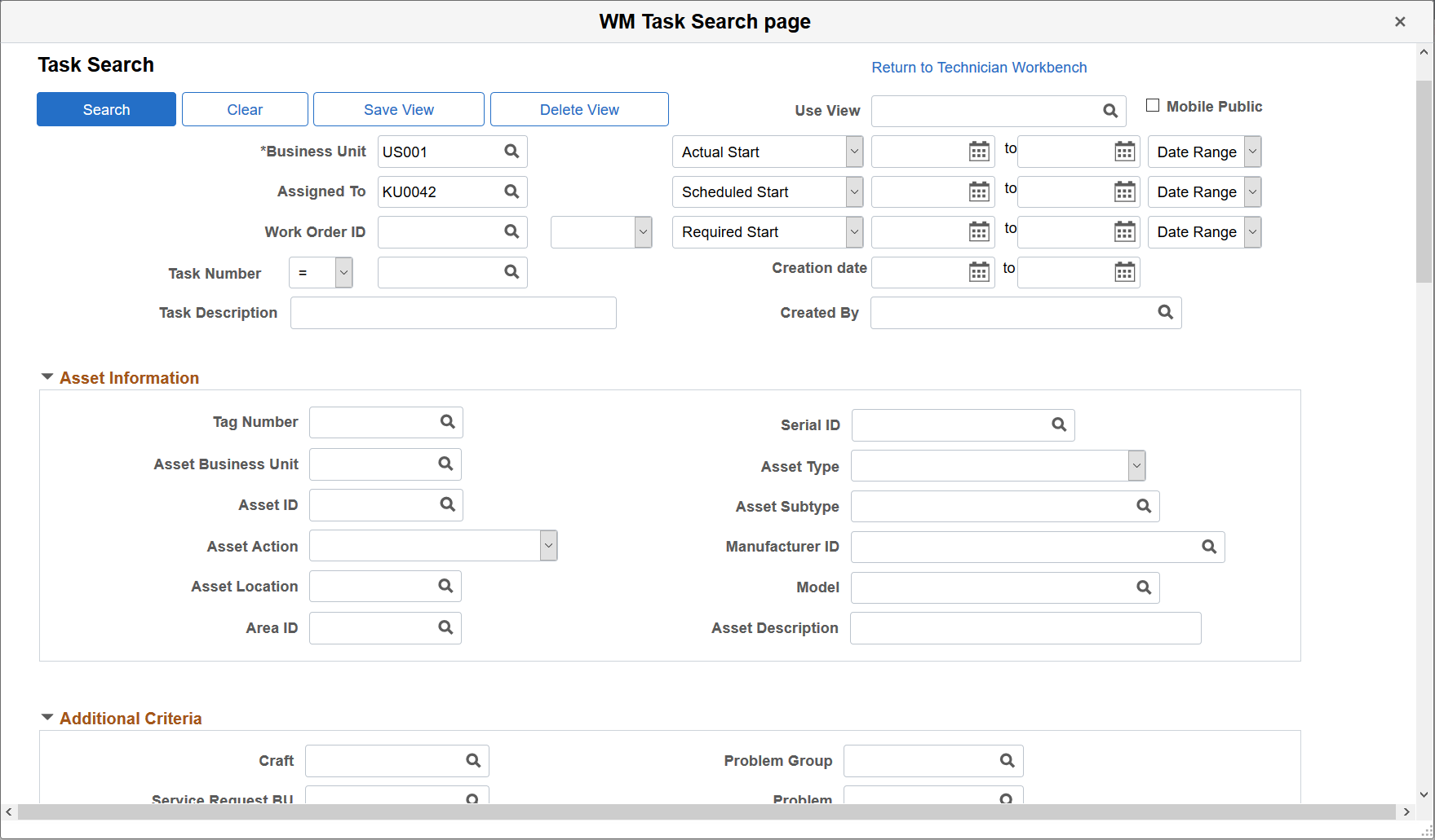 Technician Workbench - Task Search page (1 of 5)