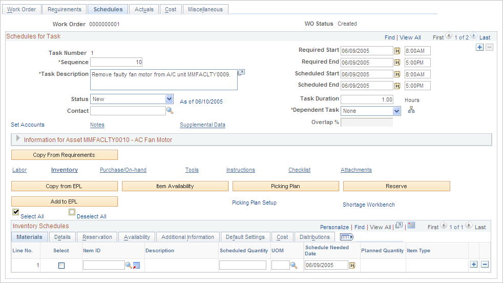 Schedules page - Inventory Schedules