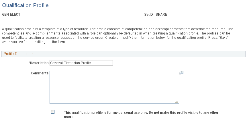 Qualification Profile (1 of 3) page