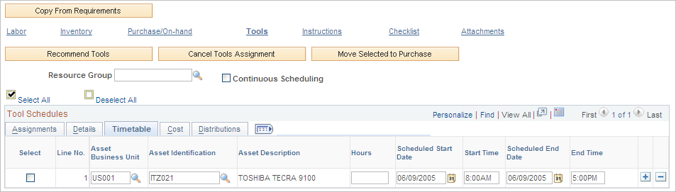 Schedules page - Tool Schedules Timetable tab