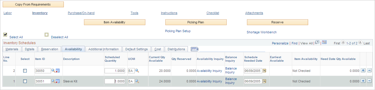 Inventory Schedules Availability tab on Schedules page
