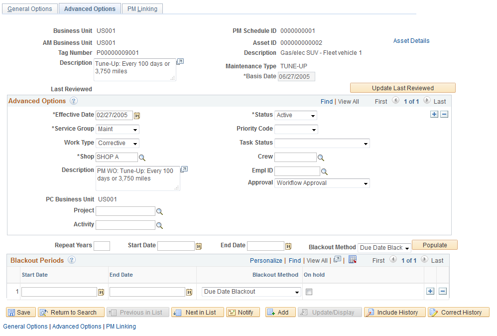 PM Schedule Advanced Options page