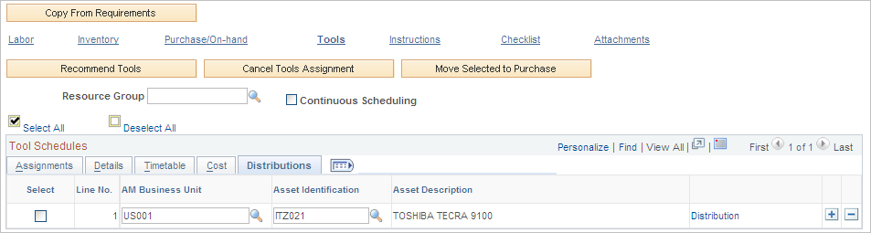 Schedules page - Tool Schedules Distributions tab