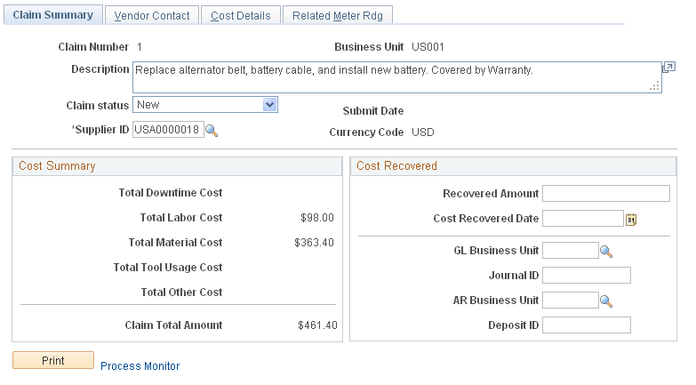 Warranty Claim - Claim Summary page