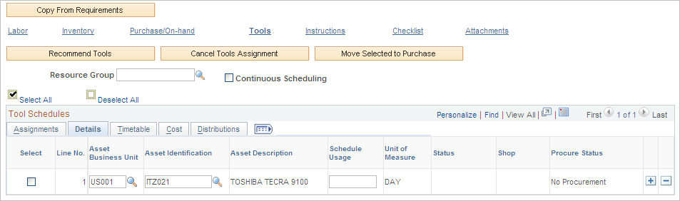 Schedules page - Tool Schedules Details tab