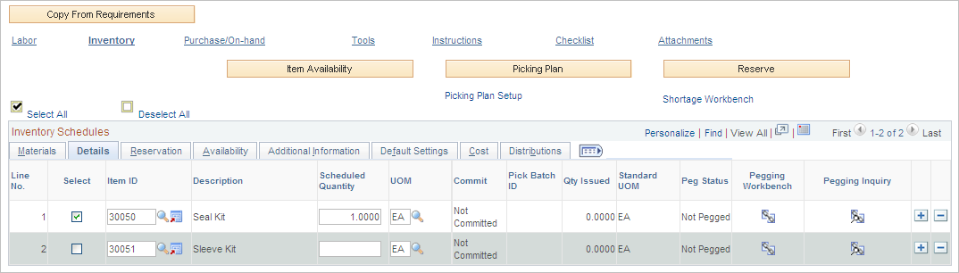 Inventory Schedules Details tab on Schedules page