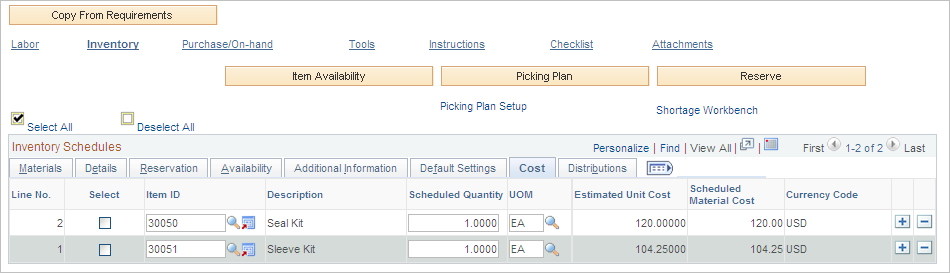 Inventory Schedules Cost tab on Schedules page