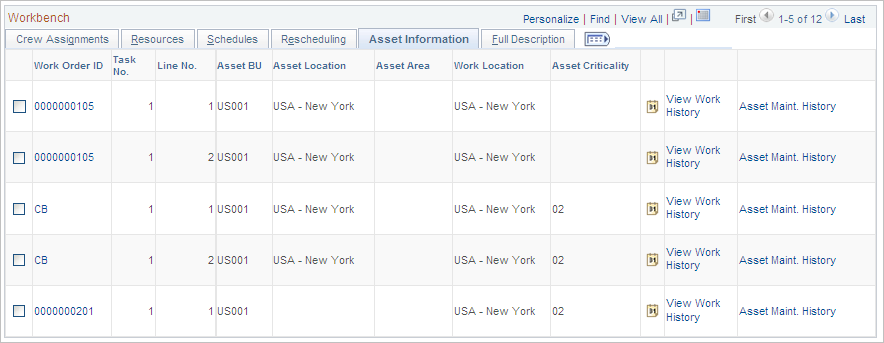 Crew Scheduling Workbench page: Asset Information tab