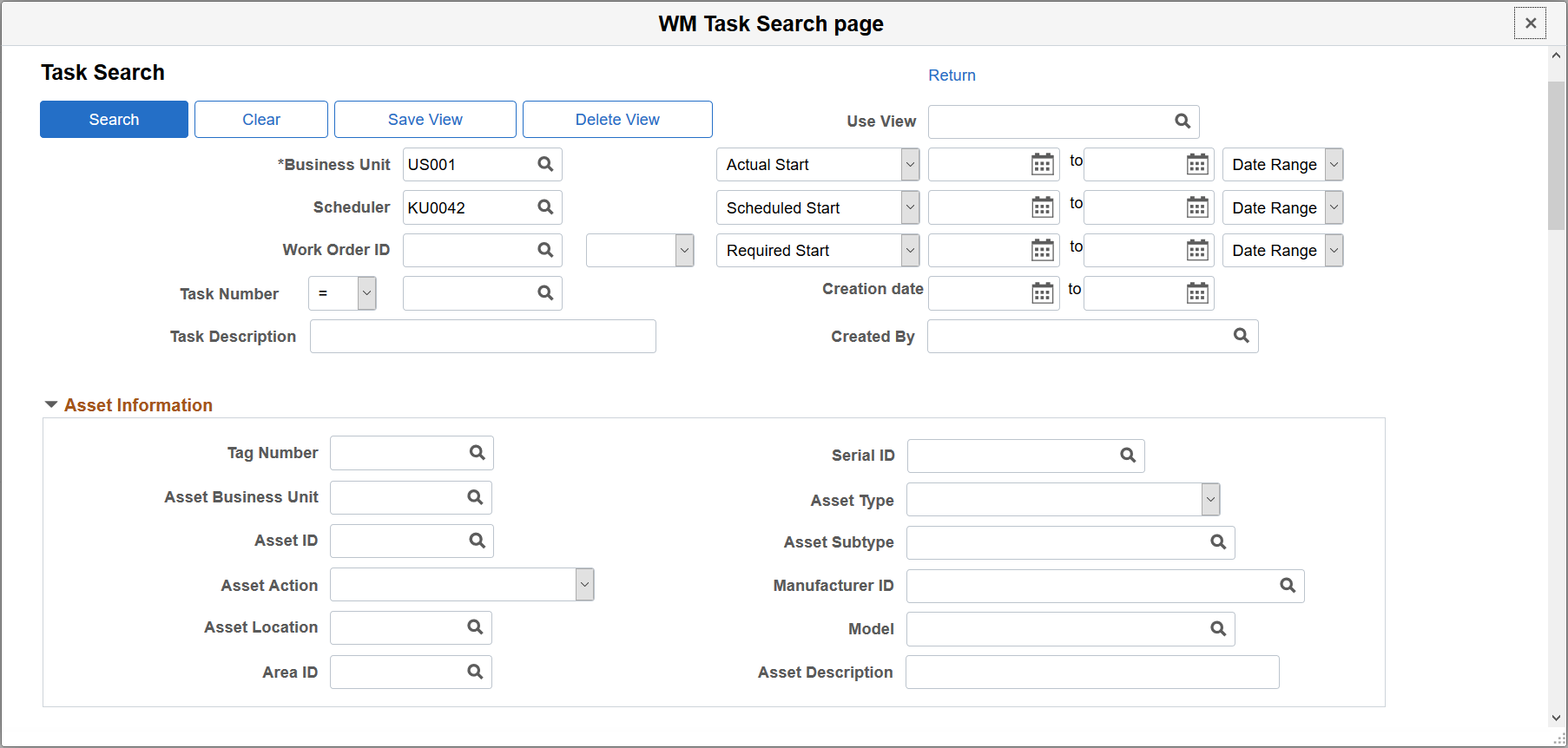 Work Order Workbench - Task Search page (1 of 5)