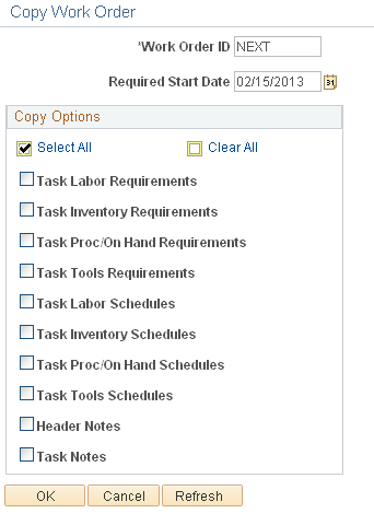 Copy Work Order page