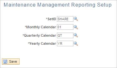 Maintenance Management Reporting Setup page