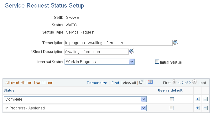 Service Request Status Setup page