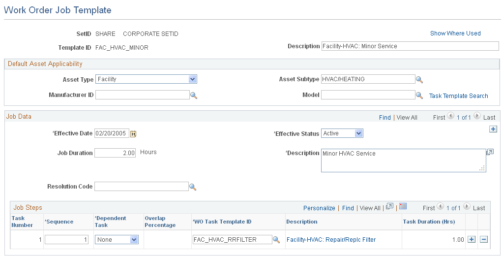 Work Order Job Template page