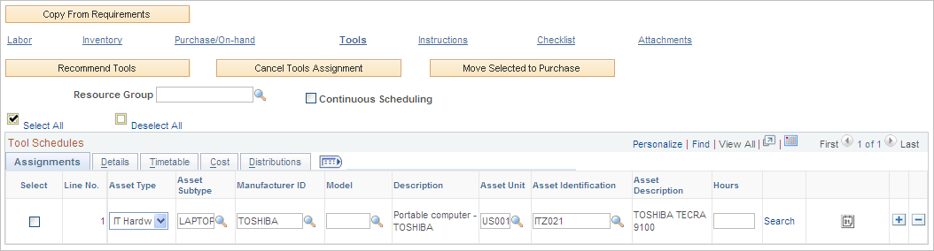 Schedules page - Tools Schedules Assignments tab