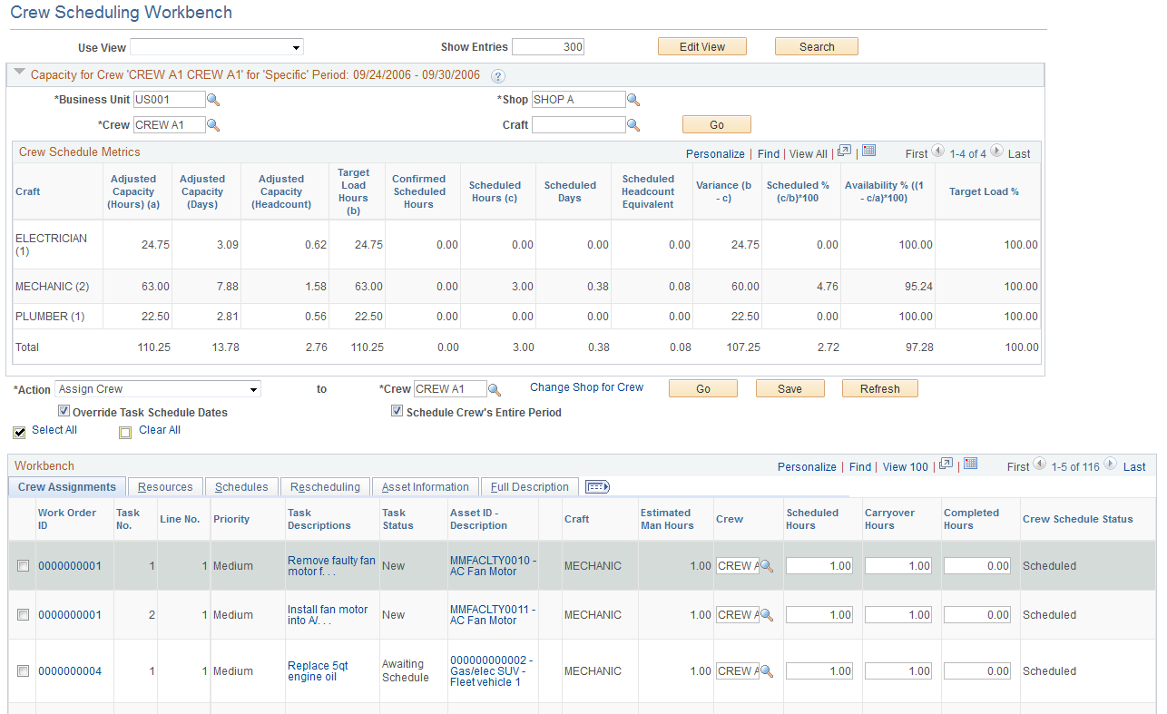 Crew Scheduling Workbench page