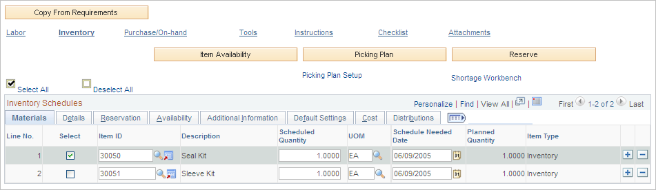 Inventory Schedules Materials tab on Schedules page