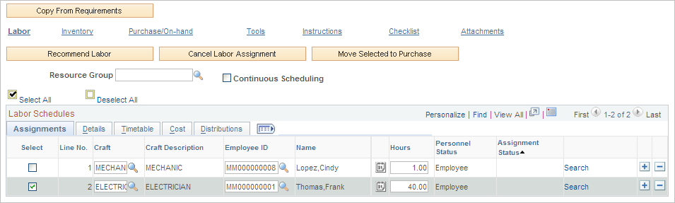 Labor Schedules - Assignments tab