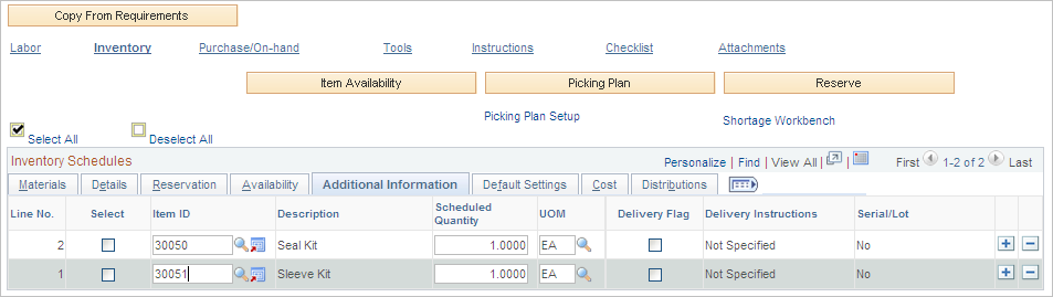 Inventory Schedules Additional Information tab on Schedules page