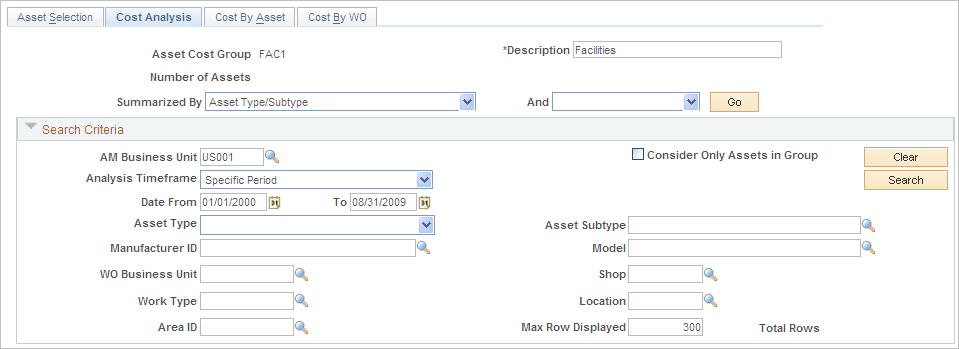 Asset Cost Analysis Inquiry - Cost Analysis page (1 of 4)