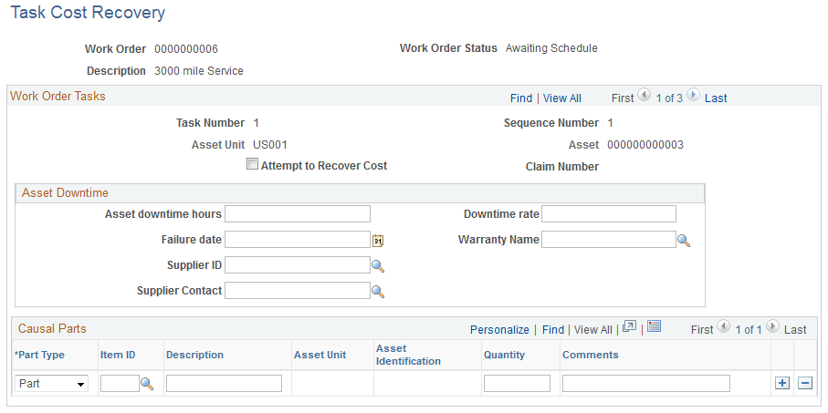 Task Cost Recovery page