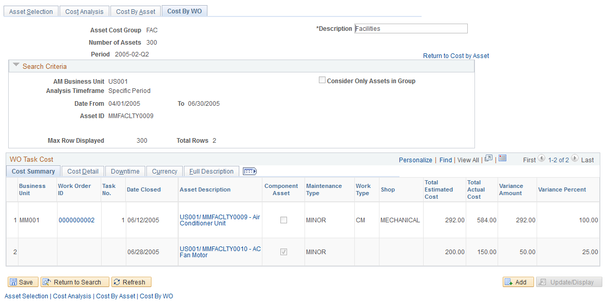 Cost By Work Order page - View Cost by Work Order icon selection