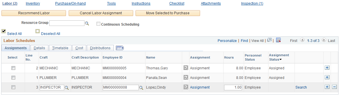 Work Order - Schedules page - Labor Schedules grid