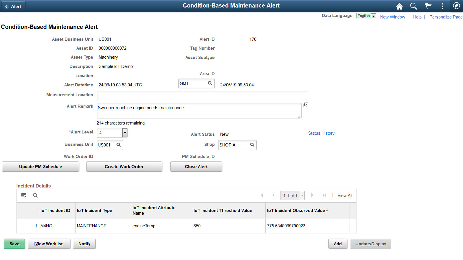 Condition-Based Maintenance Alert page